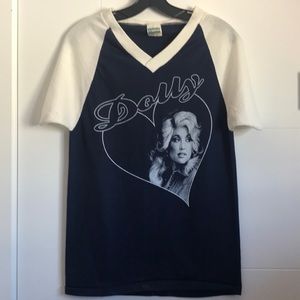 Vintage 70s V Neck Dolly Parton Printed Upcyled T Shirt size Small